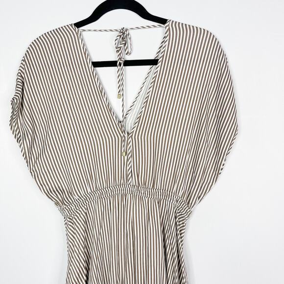 Hale Bob XSmall XS Gadi Twill Striped Midi Dress Taupe White Slit Front Tie Back - Picture 6 of 11